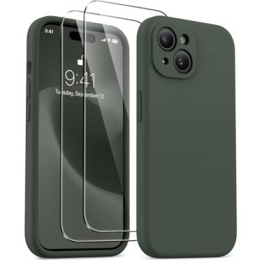 Imagem de AOTESIER Capa magnética para iPhone 15, [compatível com Magsafe] [Silicone de grau alimentício] Capa atualizada para câmera e proteção de tela com [2 protetores de tela], 6,1 polegadas, verde alpino