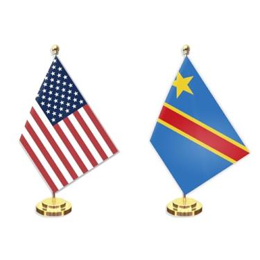 Imagem de Conjunto de 2 unidades de bandeira pequena de mesa congolesa congolesa de 12 × 20 cm, decoração de poste de metal sólido de 30,48 cm, pequena faixa de poliéster impressa digital com base dourada