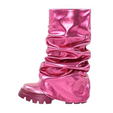 Imagem de sexytag Botas femininas metálicas despojadas plataforma dobrável bico redondo botas modernas estilo western pull-on, Meia-panturrilha rosa, 42