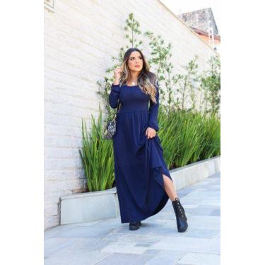Imagem de Vestido Longo Manga Longa Saia 3 Marias - Luh May, P, Azul, Marinho