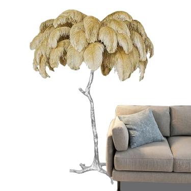 Imagem de Luminária de chão de luxo moderna, lâmpada de piso de pena de avestruz real, lâmpada de resina prateada, corpo de lâmpada decorativa de LED, lâmpadas de pé para sala de estar, escritório em casa
