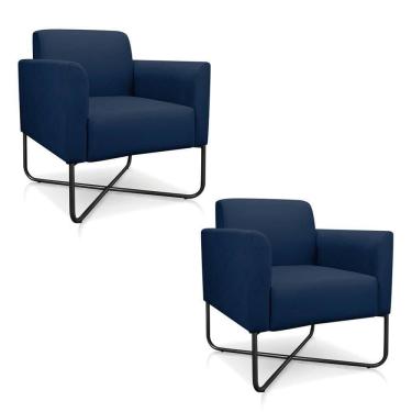 Imagem de Kit 2 Poltronas Decorativas Base Industrial X Preta Maressa S01 Suede Azul Marinho - Ibiza