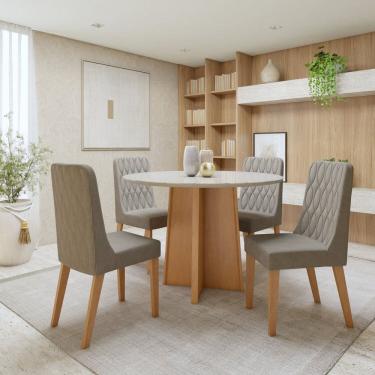 Imagem de Conjunto Celebrare 100cm tampo Redondo em MDF com Vidro e 4 Cadeiras Luar Amendoa Clean/Off White/Linho Rinzai Bege