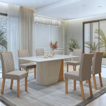 Imagem de Conjunto Luar 170cm Tampo MDF com Vidro e 6 Cadeiras Apogeu Amêndoa Clean/Off White/ Naturale Creme