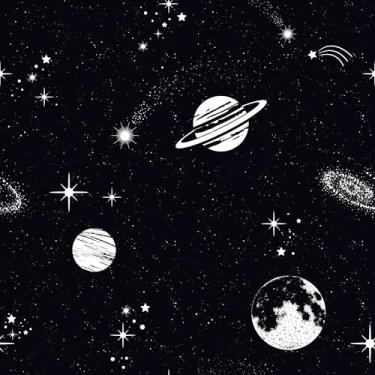 Imagem de Mangoloo Papel de parede espacial preto e branco lua planetas constelações preto espaço sideral galáxia papel de parede para quarto casa de bonecas 44,5 x 259,1 cm papel de contato de textura