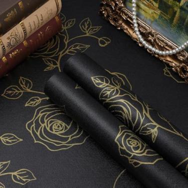 Imagem de Amiya Papel de parede floral descascar e colar papel de parede boho dourado e preto renovação de quartos, armários, etc. Papel de contato 43,9 cm x 1,219 cm PVC removível papel de parede espesso