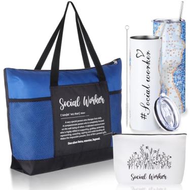 Imagem de Sieral Conjunto de 3 peças para presente de agradecimento de assistente social 590 ml copo de aço inoxidável com palha, bolsa de maquiagem de lona e sacola para mulheres, funcionários, colegas, semana