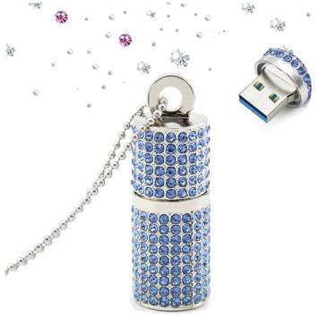 Imagem de EcooDisk USB 3.0 Flash Drive, Memória de alta velocidade, Lipstick Shaped Pen Drive, Diamond Thumb Drive, Linda Joia USB Stick, Colar Brilhante Jump Drive com Bolsa de Joias, Ótimo Presente, Blue Lipstick, 32GB 3.0