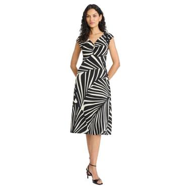 Imagem de Maggy London Vestido feminino midi sem mangas com decote em V, tecido leve e amarrado na cintura, Osso/preto, 38