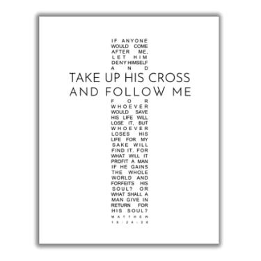 Imagem de Verso da Bíblia Religiosa Citação de Mateus 16:24, Arte de Parede de Escritura Cristã, Impressão Tipografia Cruz Preto e Branco, Decoração de Casa Minimalista Moderna - Impressão de Pôster 28 x 35,5
