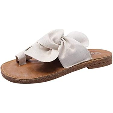 Imagem de Chinelos casuais anel plano feminino dedo do pé sandálias laço, 2 Bege, 6.5