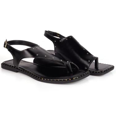 Imagem de Rasteirinha Feminina Sandália Fivela Gáspea Cravinhos Tachas Moderna Confortável Fashion Blogueira (Preto, BR, Adulto, Numérico, 35)