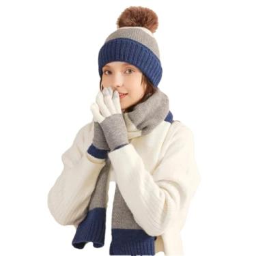 Imagem de Conjunto de 3 peças para homens e mulheres, gorro de pelúcia grosso, luvas tricotadas, conjunto de luvas de lã e cachecol de lã, azul, tamanho único