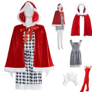 Imagem de Lioskey Cindy Lou Who Christmas Costume Plaid Cindy Lou Christmas Party Dress Red Velvet Hooded Cape(Costume,XXXL)