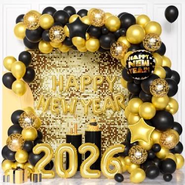 Imagem de Arco de balão de ano novo, guirlanda de balões de ouro preto com banner de balão de folha de feliz ano novo, 81 cm número 2026 e balões de folha de estrela para decorações de feliz ano novo de 2026