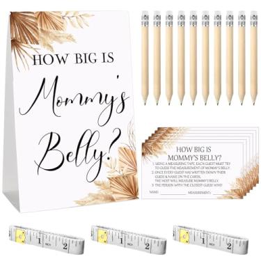 Imagem de Sabary 64 peças de jogos de chá de bebê incluem o tamanho do sinal de barriga da mamãe com 50 cartas, 10 lápis e 3 fitas métricas para chá de bebê, material de festa revelador de gênero (Boho)