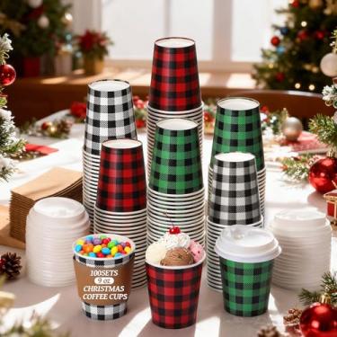 Imagem de Cunhill Conjunto de 100 xícaras de café descartáveis de Natal de 255 g com tampas e mangas em papel espesso durável para chocolate quente, cacau, bebidas frias, suprimentos de festa de Natal (elegante