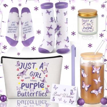 Imagem de Singhoow Conjunto de 6 presentes de borboleta roxa de Natal, bolsa de maquiagem de borboleta, vela perfumada, copo de vidro com tampas e canudos, meias, cartão de felicitações para mulheres, senhora,