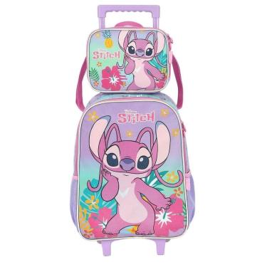 Imagem de Kit Mochila Rodinha Lancheira Luxcel Stitch Floral Roxo