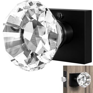 Imagem de Balin Designs Maçaneta de porta de cristal transparente com trava, base quadrada, conjunto de privacidade interior de maçanetas de porta de vidro, maçaneta decorativa vintage estilo antigo para quarto