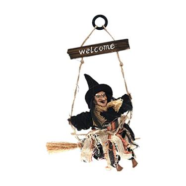 Imagem de Kiboule Placa de madeira de boas-vindas do dia das bruxas decoração de bruxa pendurada em vassoura ornamento de dia das bruxas pendurado presente de bruxa voadora para decoração de festas de festa de hal