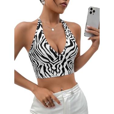 Imagem de SOLY HUX Blusa feminina com estampa de zebra, listrada, decote em V profundo, sexy, para festa, Listrado preto, P