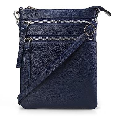 Imagem de befen Bolsa tiracolo pequena de couro legítimo para mulheres, bolsa transversal, bolsas de ombro com vários bolsos com zíper, Azul marinho, Bolsa tiracolo de couro pequena
