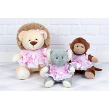 Imagem de Pelúcias Safari, Conjunto de 3, Leão, Macaco e Elefante, com Vestidos (ROSA LISO)