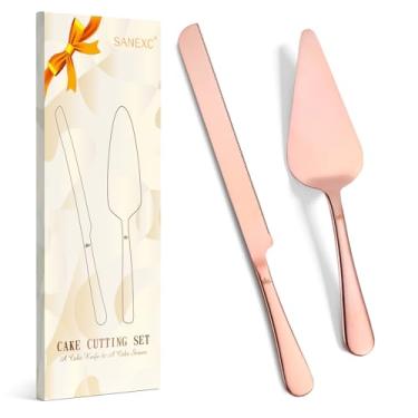 Imagem de SANEXC Conjunto de corte de bolo para casamento - Conjunto de faca de bolo estendida e servidor de aço inoxidável espesso, cortador de bolo e espátula de torta, ótimo para presente de aniversário,