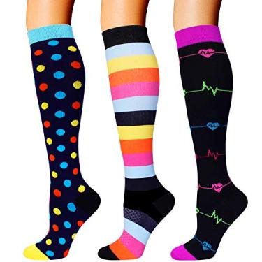Imagem de 3 pares de meias de compressão para mulheres, masculinas, 20-30 mmhg, meias de cano alto para corrida, Multicoloured 1, Large-X-Large