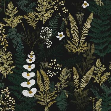 Imagem de Papel de parede floral preto descasque e cole papel de parede verde escuro folha dourada à prova d'água autoadesivo floresta tropical samambaia para quarto, bancada, armários de mesa 44 x 299 cm,