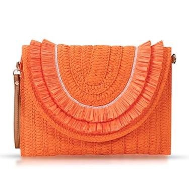 Imagem de QTKJ Bolsas transversais para mulheres, bolsas clutch de palha, pacote de envelope de tecido boêmio, bolsas de mão femininas com borla, Laranja