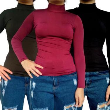 Imagem de Kit 3 Blusinhas Femininas Gola Alta Manga Longa Justas Cores Sortidas 