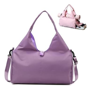 Imagem de Bolsa feminina Oxford para academia de ioga com compartimento para sapatos, grande capacidade, bolsa esportiva simplista para viagens e fitness, 6 opções de cores, 49 x 25 x 21 cm, Roxa, Bolsa de ioga