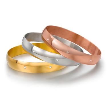 Imagem de Gem Stone King Conjunto de 3 pulseiras tricolores de aço inoxidável, amarelo rosa e prata, 12 mm de largura cada, Aço inoxidável, Sem Pedra Preciosa