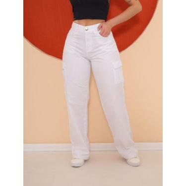 Imagem de Ujeans Calça Pantalona Wide Leg Cargo Preta, Branco, 46