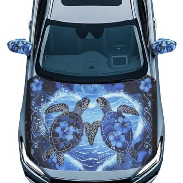 Imagem de Pirexcny Capa protetora de capô de carro com estampa de tartaruga capas de capô retrô com espelho retrovisor lateral capas de capô de substituição para carros fácil de instalar capa de meio carro