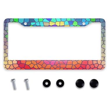 Imagem de Smooffly Mosaico colorido padrão de pintura abstrata preto fosco capa de moldura de placa de carro de aço inoxidável resistente com 2 furos e parafusos livres 31 x 16 cm