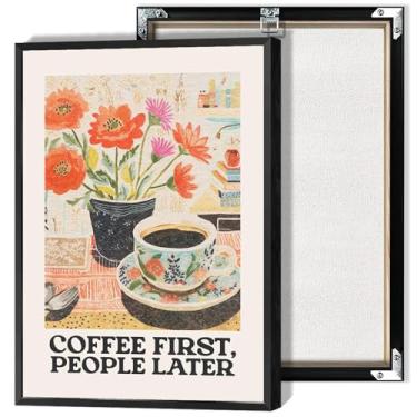 Imagem de Pôster vintage Coffee First People Later arte de parede em tela para café café floral impressão estética pintura para casa quarto dormitório bar carrinho decoração de parede 30,5 x 40,6 cm sem moldura