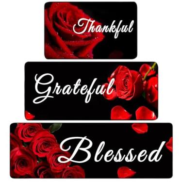 Imagem de Tinideya Conjunto de 3 tapetes de cozinha rosa vermelha rosa vermelha para decoração de cozinha, tapete antiderrapante para cozinha, fazenda, campo, tapetes e tapetes de cozinha, acessórios de