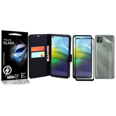 Imagem de Carteira Preta + Skin Carbono + Vidro 3d Moto G9 Power XT2097 6.78 - C