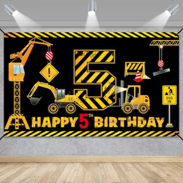 Imagem de Decoração de banner de 5º aniversário de construção para meninos e crianças, tema de construção de caminhão basculante, cinco artigos de festa de aniversário, escavadeira, guindaste, escavadeira,
