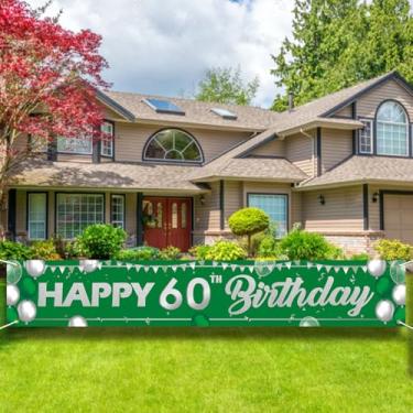 Imagem de Placa de faixa de feliz aniversário de 60 anos - Grande decoração de festa de quintal ao ar livre, 24 x 4 m, pano de fundo verde e prata para homens e mulheres.