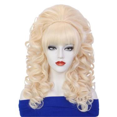 Imagem de Peruca loira encaracolada com franja 57cm de cabelo sintético volumoso
