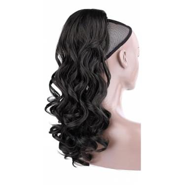 Imagem de Peruca de rabo de cavalo ondulado preto com cordão de 45,7 cm, fibra sintética, touca de renda, fácil de colocar e remover, ideal para vários eventos
