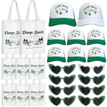 Imagem de 24 peças de lembrancinhas de despedida de solteira com tema de acampamento, incluindo 8 sacolas de dama de honra, 8 bonés de beisebol Camp Bach, 8 óculos de sol em forma de coração para despedida de