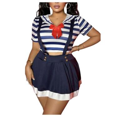Imagem de WDIRARA Conjunto de lingerie sexy feminino plus size Tartan School Girl Bralette e saia azul e branco XX-Grande