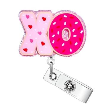 Imagem de Carretel de crachá de Dia dos Namorados Rosa XO Carretel retrátil para crachá de enfermeira com clipe de crachá retrátil para Dia dos Namorados com clipe jacaré, suporte de cartão de identificação