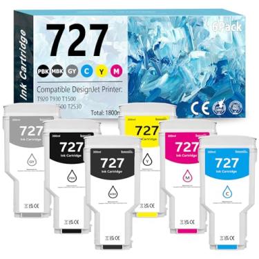 Imagem de Cartuchos de tinta 727 de 300 ml (pacote com 6, foto preto/preto fosco/cinza/ciano/magenta/amarelo) substituição para tinta HP 727 para impressora DesignJet T1530 T2500 T920 T930 T1500 T2530