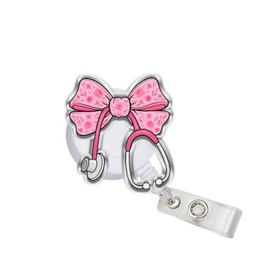 Imagem de OKOMCM Carretéis retráteis de crachá de laço de flores de estetoscópio, coquete de enfermeira tamanho 5 cm, clipe de cinto, suporte de crachá de identificação acrílico, cordão feminino rosa